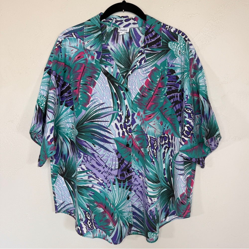 Vintage Caribou Tropical Hawaiian Animal Print Cotton Blend Button Down Shirt
